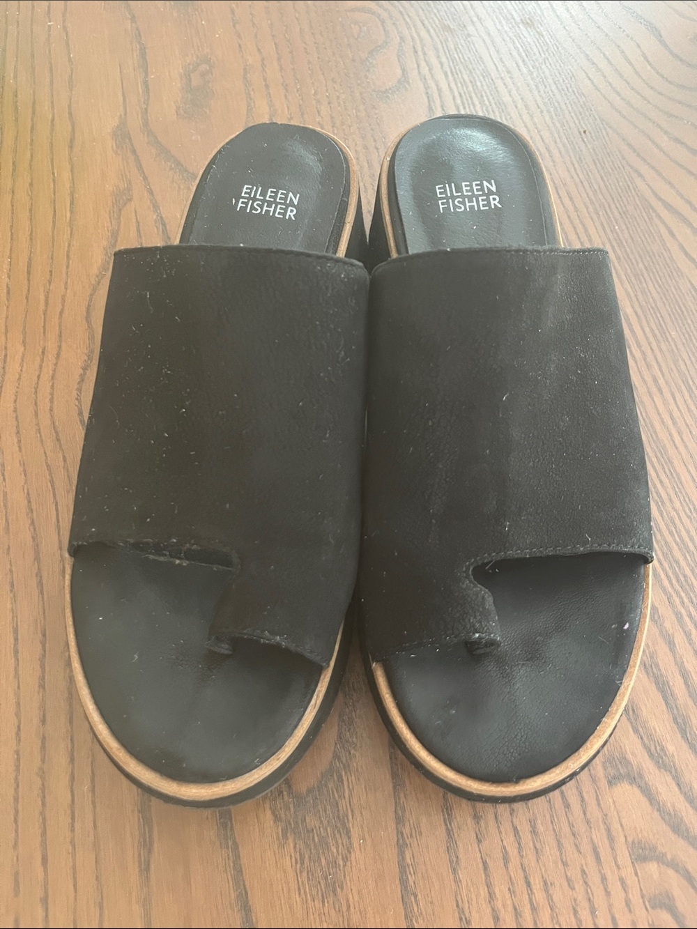 Eileen Fisher Dare Black Leather Toe-Loop Slide Sandals Size 8